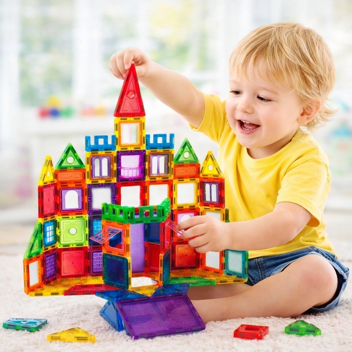 Set Inteligent de constructie MAGNETIC CONSTRUCTION idealSTORE, Include 106 de piese Multicolore, Posibilitatea de forme nelimitate, Educativ-Creativ, Magneti Neodim, Dezvolta abilitati motrice