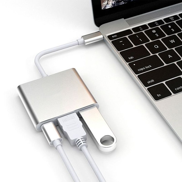 Hub 3 In 1 Hub 3 in 1, USB-C - HDMI 4K/USB 3.1/USB-C, Aluminiu, 15 cm, Argintiu ...