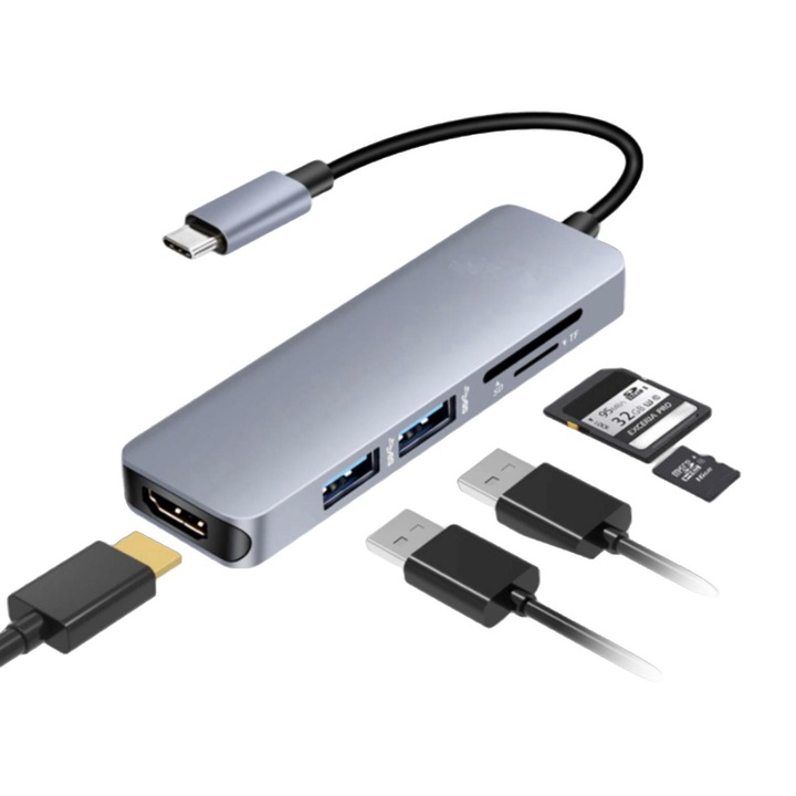 Hub 5 in 1, USB-C - HDMI 4K/2x USB 3.0/Cititor card SD si TF, Aluminiu, 15 cm, Argintiu