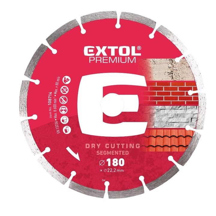 Disc de taiere cu diamant si segmentat, Extol Premium, taiere uscata, 180x22,2x2,5mm