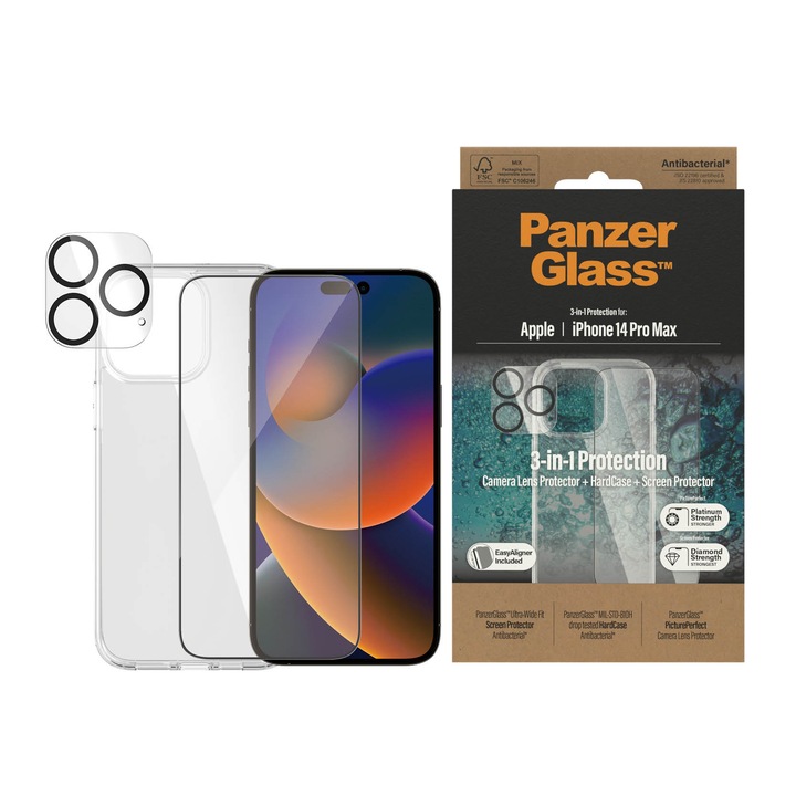 Стъклен протектор PanzerGlass за iPhone 14 Pro Max, Bundle, UWF screen protector, HardCase, протектор за камера, Прозрачен
