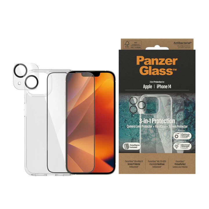 Folie protectie, PanzerGlass, Sticla, Pentru iPhone 14, UWF, HardCase, Protector pentru camera, Transparent