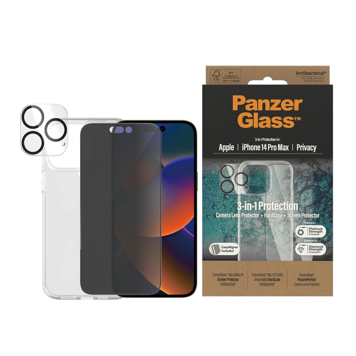 Set protectie telefon 3 in 1, PanzerGlass, Sticla, pentru iPhone 14 Pro Max Bundle, husa telefon spate, protectie spate, folie protectie ecran privacy, Transparent