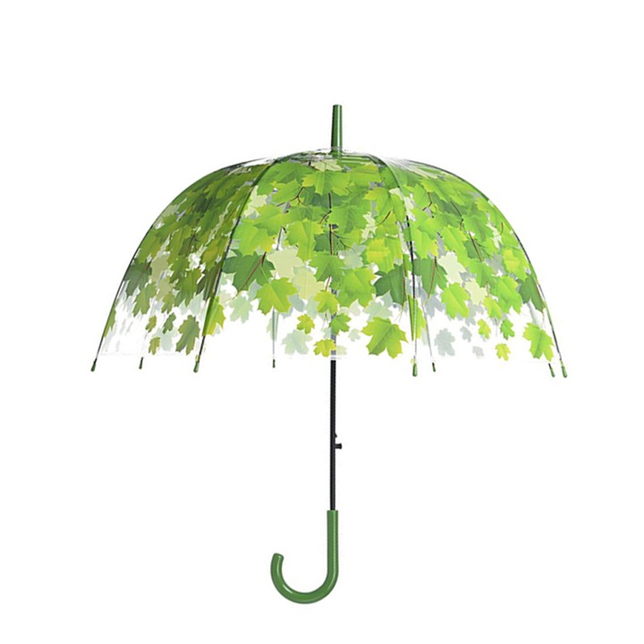 Umbrela transparenta in forma de cupola, imprimeu frunze,966-14 verde, 83 cm