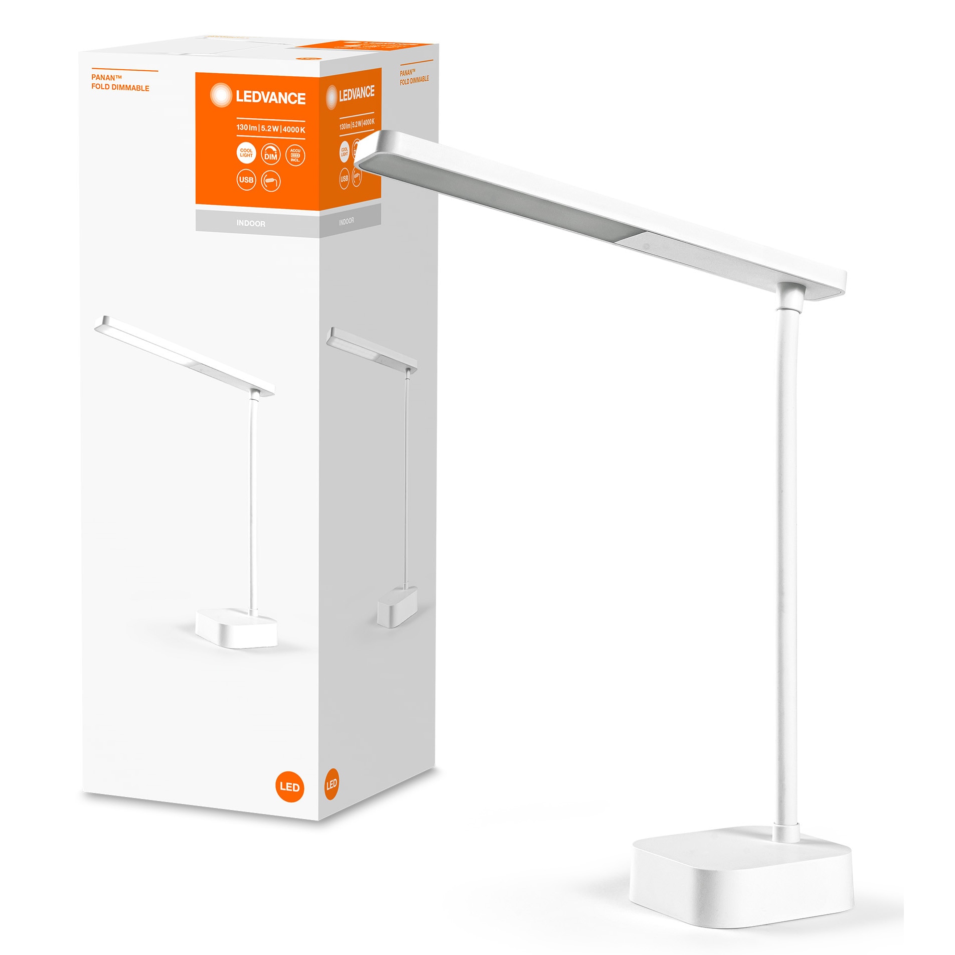 Lampa de birou Ledvance Panan Fold, dimabila, touch control, USB, 5.2W, 130 lm, lumina neutra (4000K), acumulator 3.7V Li-Ion 1200 mAh, 29cm, Alb, clasa energetica G