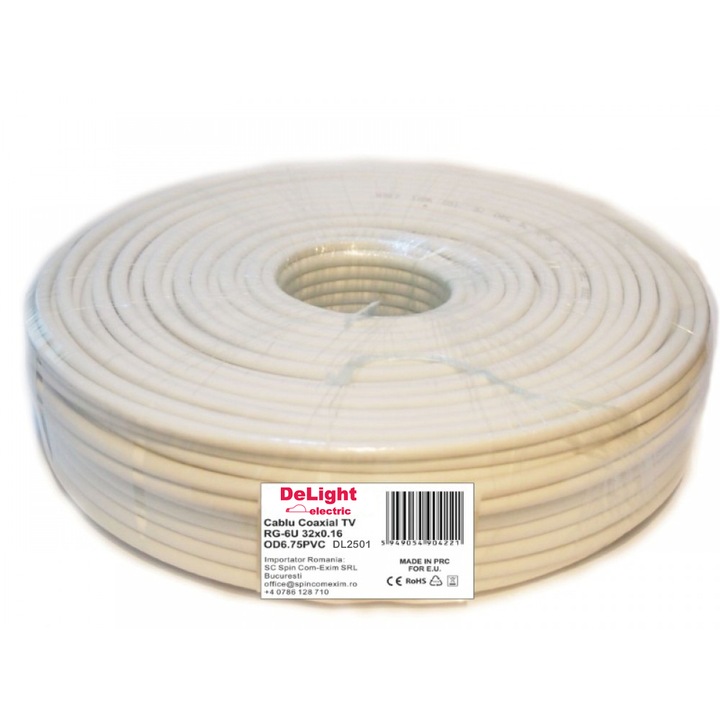 Rola Cablu Coaxial TV RG6, Alb, Lungime 100m, 75 Ohm, Aluminiu