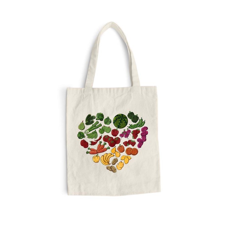 Hosszúfülü pamut bevásárló szatyor, Fruit-Veggie Heart, 38×42 cm, VA132