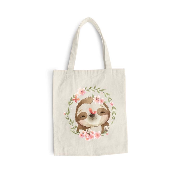 Sacosa bumbac pentru cumparaturi cu manere lungi, Sloth, 38×42 cm, VA139