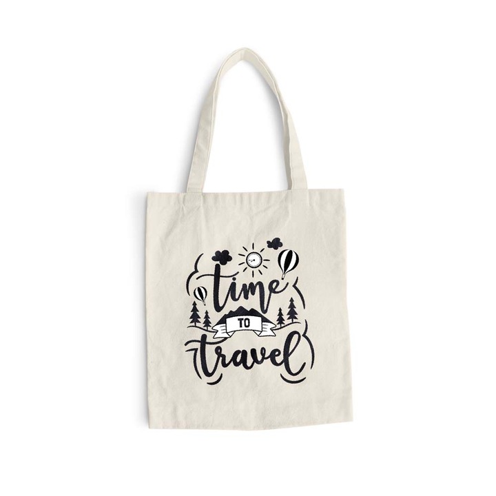 Sacosa bumbac pentru cumparaturi cu manere lungi, Time to Travel, 38×42 cm, VA109