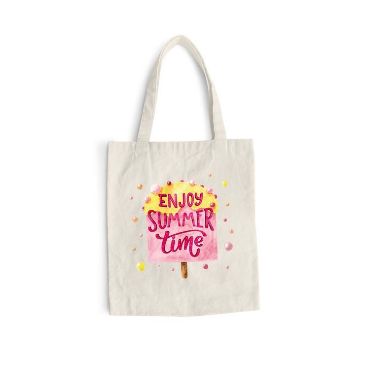 Sacosa bumbac pentru cumparaturi cu manere lungi, Enjoy Summer, 38×42 cm, VA206