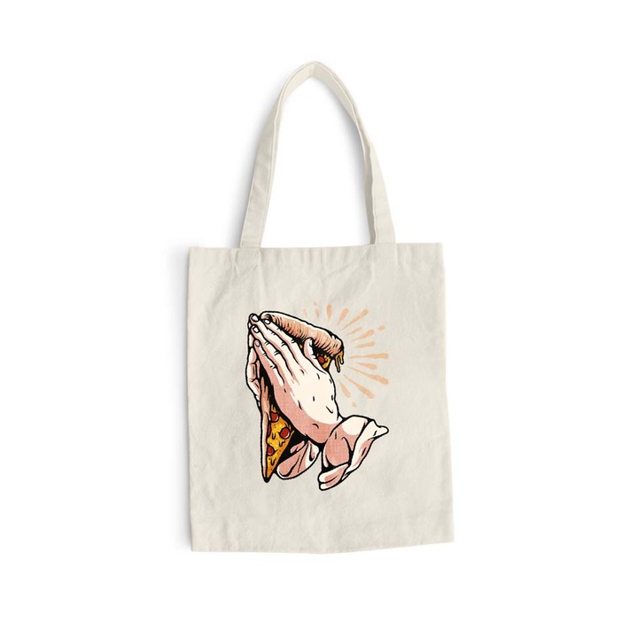 Sacosa bumbac pentru cumparaturi cu manere lungi, Praying - Pizza, 38×42 cm, VA221