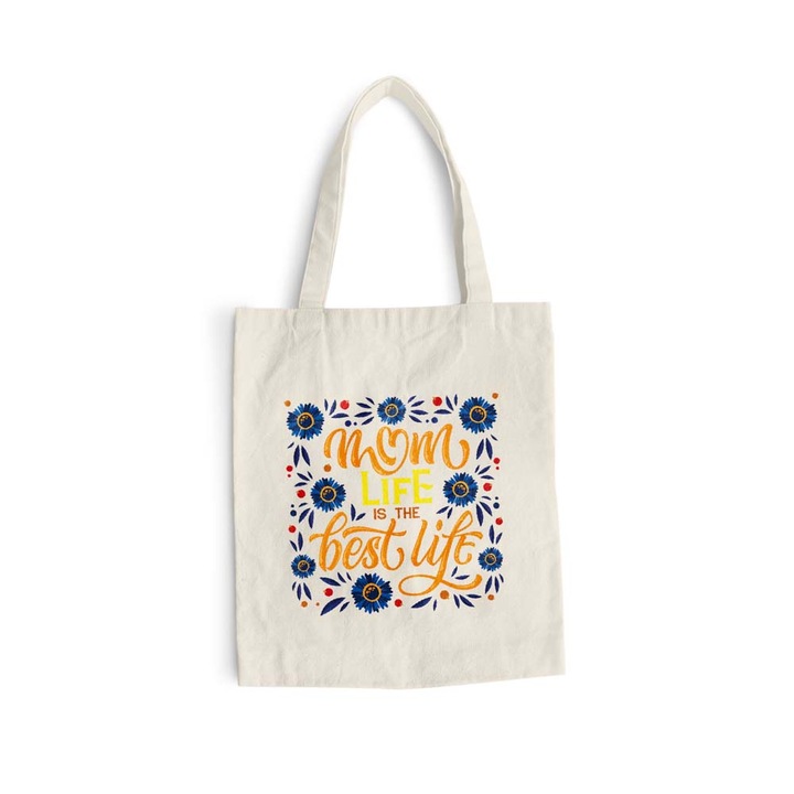 Sacosa bumbac pentru cumparaturi cu manere lungi, Mom Life - Best Life, 38×42 cm, VA246