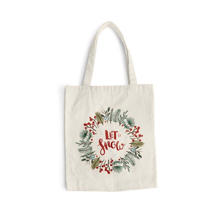 Sacosa bumbac pentru cumparaturi cu manere lungi, Let It Snow, 38×42 cm, VA275