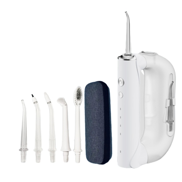 Irigator Oral Profesional pentru Dus Bucal, 1900 Impulsuri/min, 4 tipuri de ingrijire dentala cu jet de apa, IPX7 Waterproof, Curatare Pungi Parodontale, portabil cu acumulator puternic, 5 capete, rezervor 300 ml detasabil, compartiment depozitareii