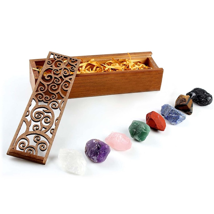 Set 8 pietre semipretioase chakra in cutie de lemn - Cristale reiki de vindecare din piatre naturale brute pentru meditatie, echilibrarea chakrelor sau ritualuri magice