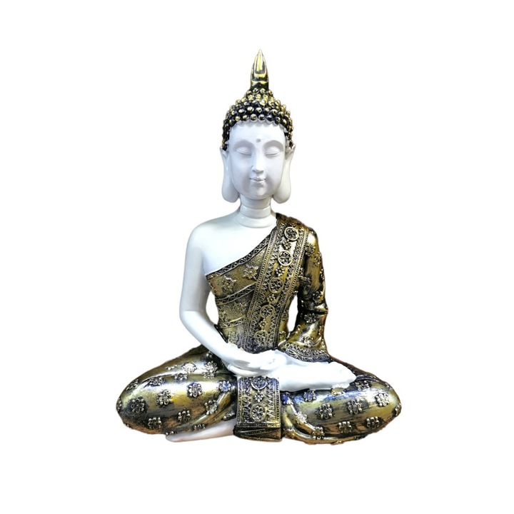 Buddha Meditációs figura, gyanta, arany díszítéssel, 27 cm, fehér, Doty