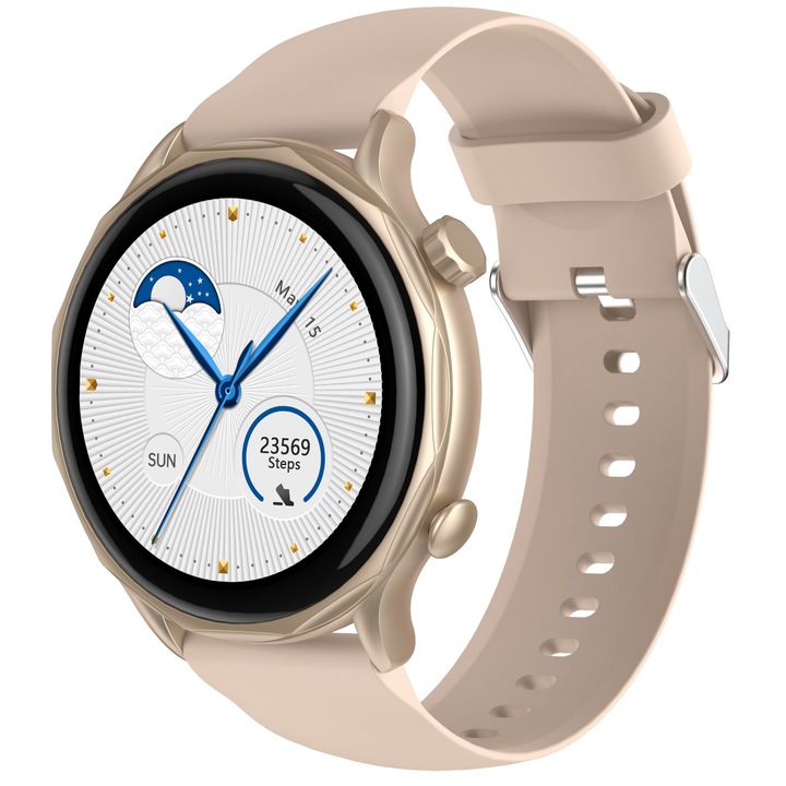 Смарт часовник ISP, LikeSmart, Diamond FiT, 1.32", Bluetooth обаждания, известия за обаждания и социални мрежи, Мониторинг на сърдечния ритъм, Златист