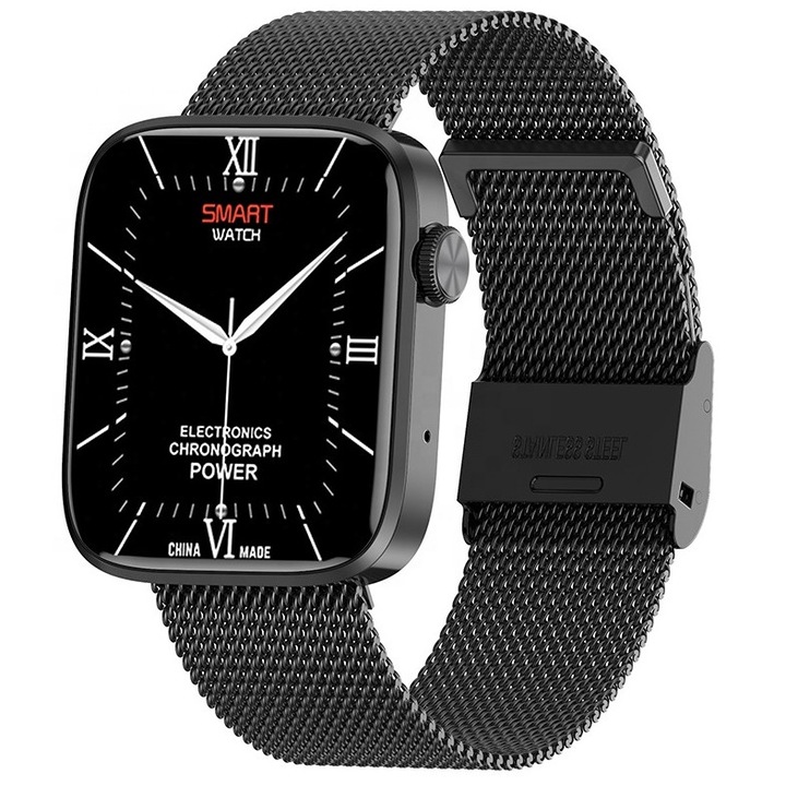 Смарт часовник ISP, LikeSmart Gamma FiT SmartWatch, 1.9", Bluetooth разговор, SpO2 оксиметър, меню на румънски език, известия за обаждания и социални мрежи, мониториране на сърдечната честота и кръвното налягане, гама черна метална каишка