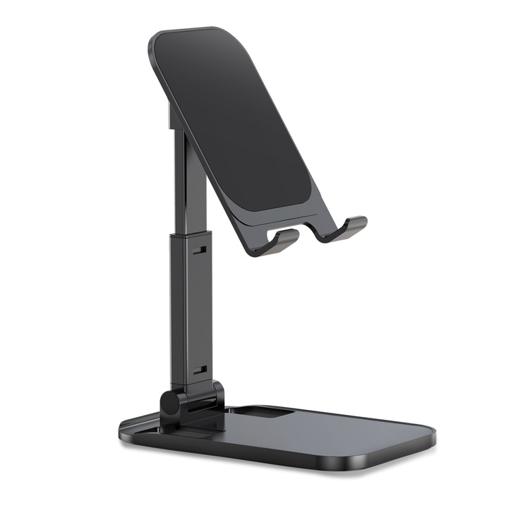 Suport Universal Pliabil Luxer de Birou/Masa pentru Telefon/Tableta, Ajustabil, Multiple Unghiuri de Vizualizare si Inaltimi, Portabil, Materiale Premium, Negru