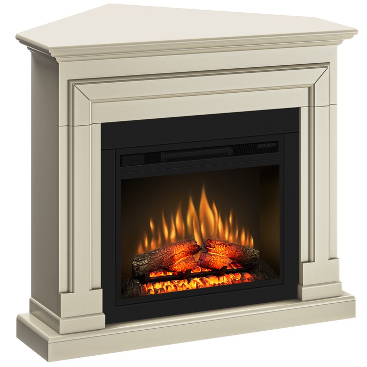Semineu ECOFLAME PRO - Barcelona colt vanilla antique, flacara 3D de 23 inci cu teme de culoare, incalzire infrared si sunet