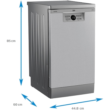 Masina de spalat vase Beko BDFS26040XA, 10 seturi, 6 programe, Clasa C, AutoDose, SelfDry, Motor ProSmart Inverter, Sertar tacamuri, AquaIntense, Hygiene Intense, Fast+, Program Mini 30 minute , 45 cm, Argintiu