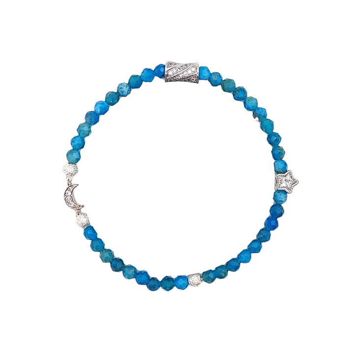 Bratara elastica, margele Apatit, placat cu argint, model luna si stele