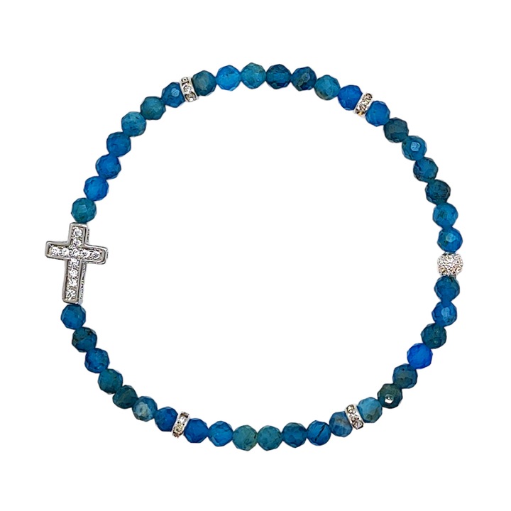 Bratara elastica, margele Apatit, placat cu argint, model cruce