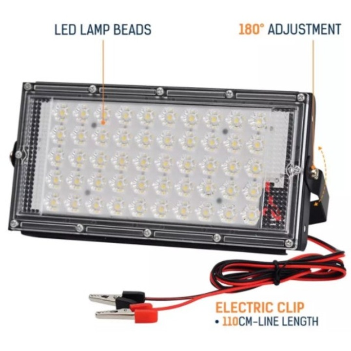 Работна лампа 12v 50W 50 led smd щипки
