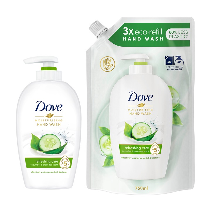 Комплект течен сапун Dove Fresh Touch, 250 мл и Резерва течен сапун Dove Fresh Touch, 750 мл