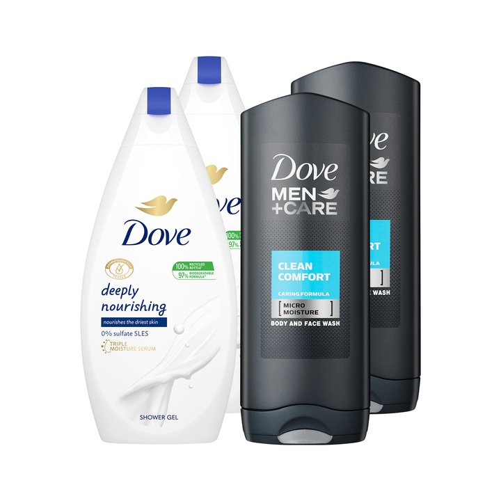 Комплект душ гел Dove Deeply Nourishing, 500 мл, 2 бр + Душ гел Dove Men+Care Clean Comfort, 400 мл, 2 бр