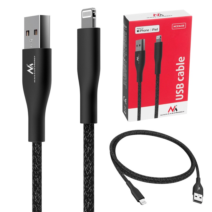 Cablu lighting MFi (fabricat pentru iPhone / iPod / iPad) care accepta Fast Charge 2.4A Maclean Energy MCE845B negru, lungime 1m 5V/2.4A - transfer de date
