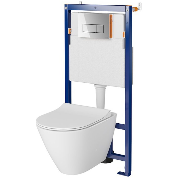 Комплект Cersanit B601,Структура за вграждане , Резервоар Tech Line Opti + Окачена тоалетна City Oval Clean ON + Капак Duroplast, Бавно затваряне, Бърз демонтаж + Бутон Opti B1, Лъскав хром