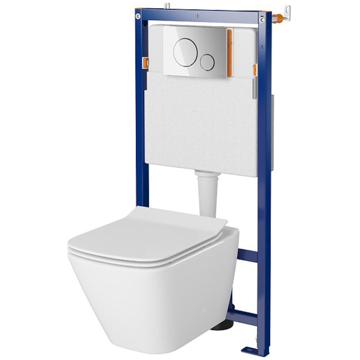 Комплект Cersanit B602, Структура за вграждане, Резервоар Tech Line Opti + Окачена тоалетна City Rectangular Clean ON + Капак Duroplast , Бавно затваряне, Бърз демонтаж + Opti B2 бутон, Блестящ хром