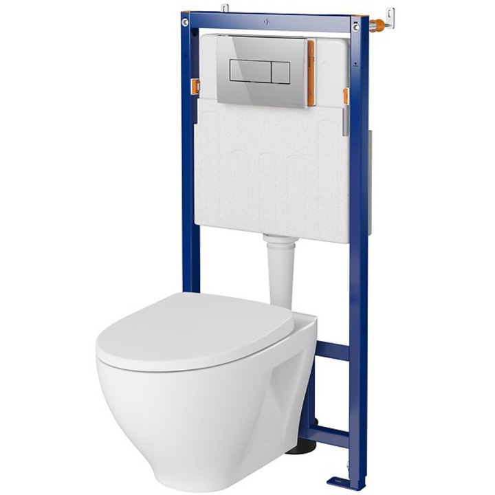 Комплект Cersanit B607, Структура за вграждане, Резервоар Tech Line Opti+Окачена тоалетна Moduo Clean ON +, Капак Duroplast, Бавно затваряне, Бърз демонтаж + Бутон Opti A1, Блестящ хром