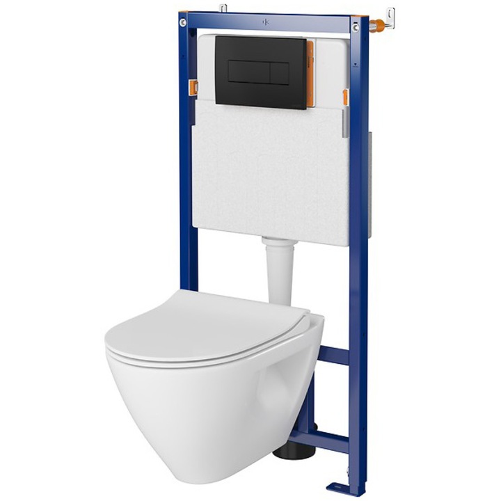 Комплект Cersanit B625,Структура за вграждане, Резервоар Tech Line Opti + Окачена тоалетна Mille Plus Clean ON + Капак Duroplast, Бавно затваряне, Бърз демонтаж + Бутон Opti A1, Черен