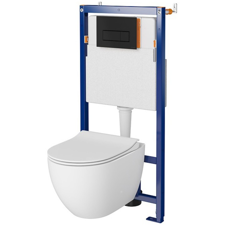 Комплект Cersanit B630, Структура за вграждане, Резервоар Tech Line Opti + Окачена тоалетна Zen Clean ON + Капак Duroplast, Бавно затваряне, Бърз демонтаж + Бутон Opti B1, Черен