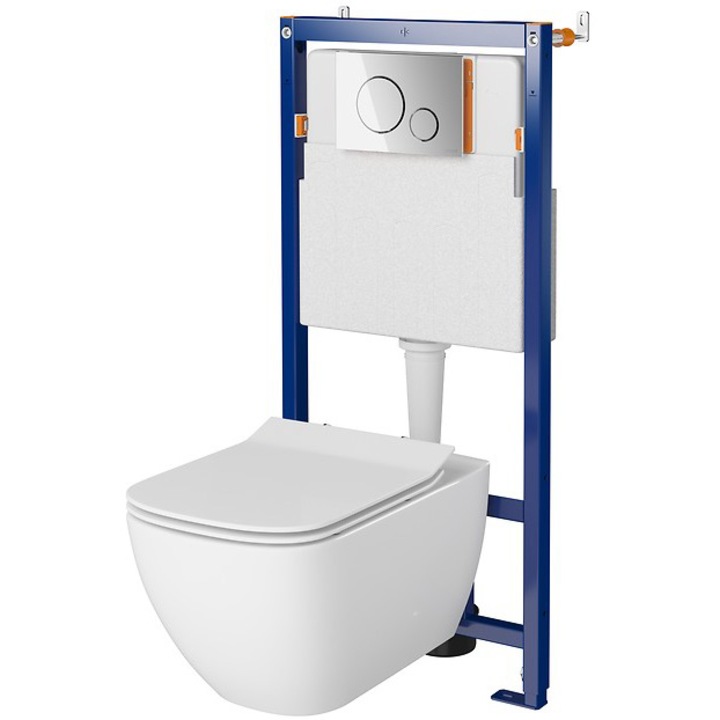 Комплект Cersanit B604, Структура за вграждане, Резервоар Tech Line Opti + Окачена тоалетна Virgo Clean ON + Капак Duroplast, Бавно затваряне, Бърз демонтаж + Бутон Opti B2, Блестящ хром