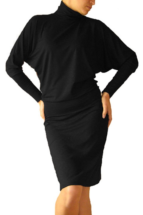 Дамска рокля Ivanel Прилеп ръкав с поло, Дълъг ръкав, Черен