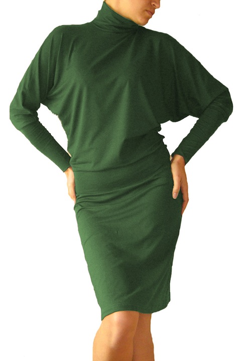 Дамска рокля Ivanel Прилеп ръкав с поло, Дълъг ръкав, Тъмнозелен