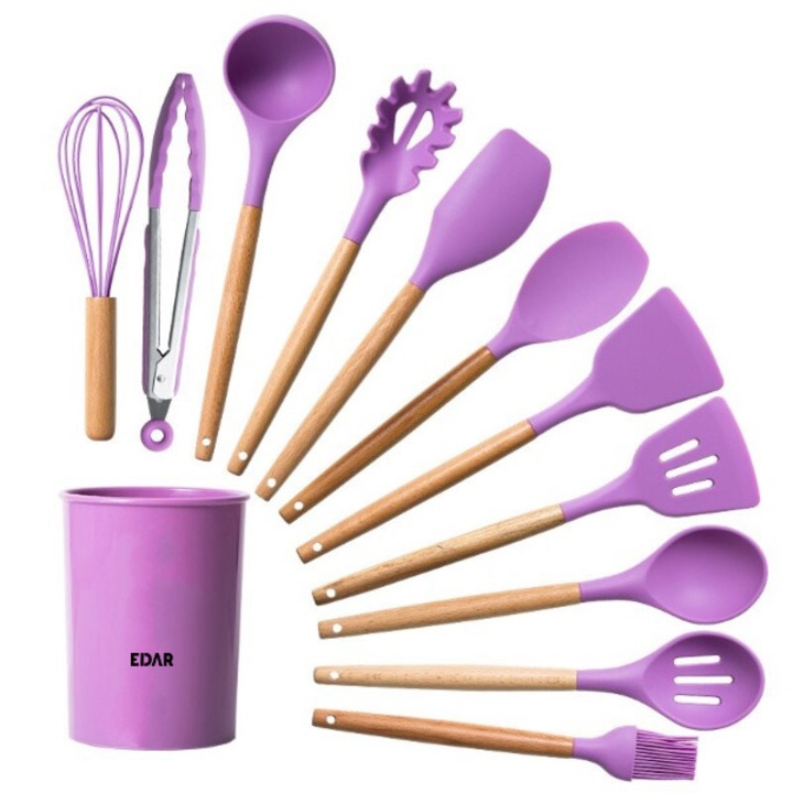 Set 12 Ustensile De Bucatarie EDAR Din Silicon, SPA12, Termorezistent Si Maner Din Lemn Natural, Mov