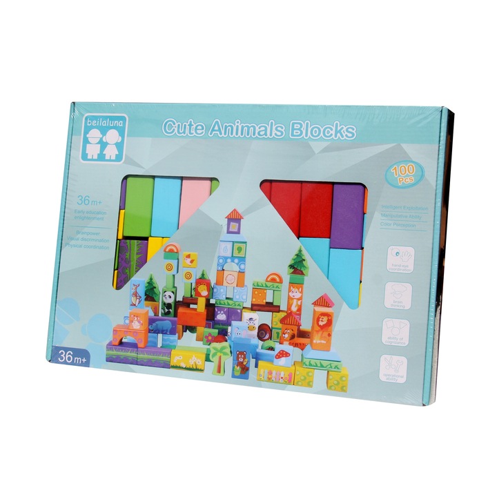 Set 100 cuburi lemn - Regatul animalelor salbatice - Beilaluna Cute Animals, 100 piese