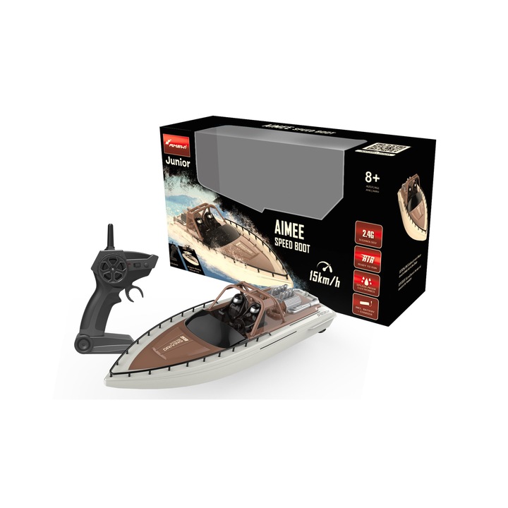 Barca RC cu telecomanda Aimee Speed, Lungime 38 cm, 2.4 Ghz, Viteza 15 Km/h, Raza 50 m, 2 motoare, RTR, 8+