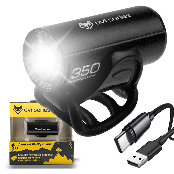 Lampa Bicicleta Fata o-Light Pro V350+, 350 Lumeni, Acumulator 1200 mAh, Incarcare USB-C, Carcasa Aluminiu, Rezistenta la Apa, 4 Moduri Lumina, Negru