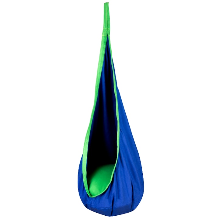 Детски хамак The Raven's Nest тип пашкул idealSTORE Размер 140 x 55 см, Плътен материал, Включва възглавница, Опора за окачване, Допълнителна кука, Идеален за стаята, градината или терасата, Максимално натоварване 80 кг, Син