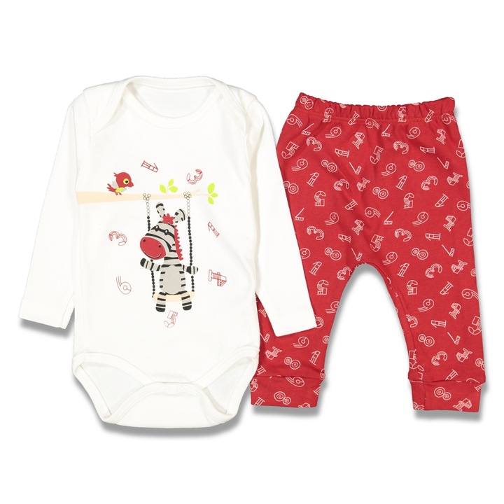 Set compleu copii Zebra, Motat, 100% bumbac, Alb/Rosu, Alb/Rosu inchis