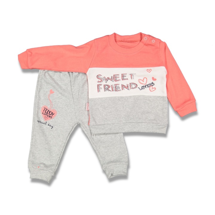 Set compleu copii Sweet Friend, Motat, Bumbac, Roz/Gri, Coral