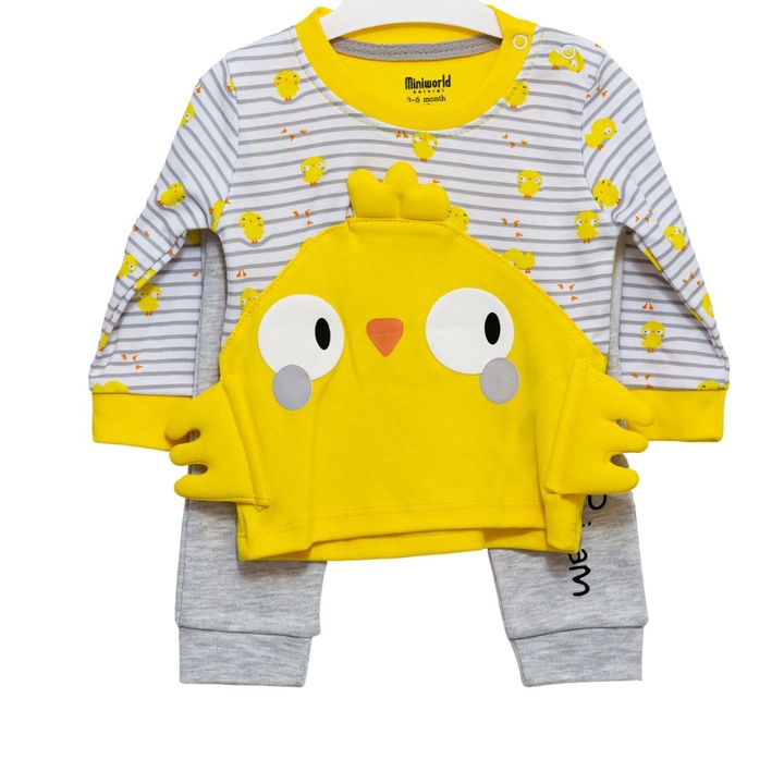 Set compleu copii Puisor, Motat, 100% bumbac, Gri/Galben, Gri/Galben, 68-74 CM