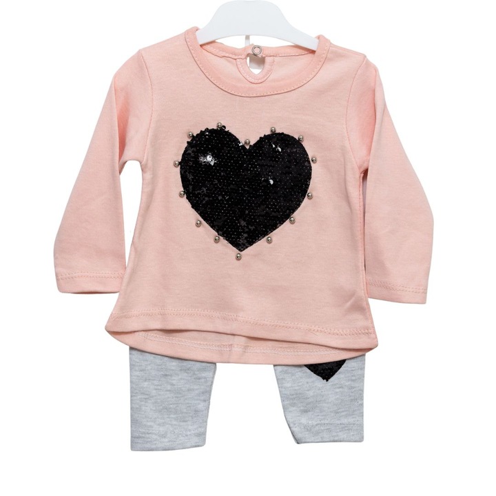 Set compleu copii Inimioara, Motat, Bumbac, Somon, Roz somon, 68 CM