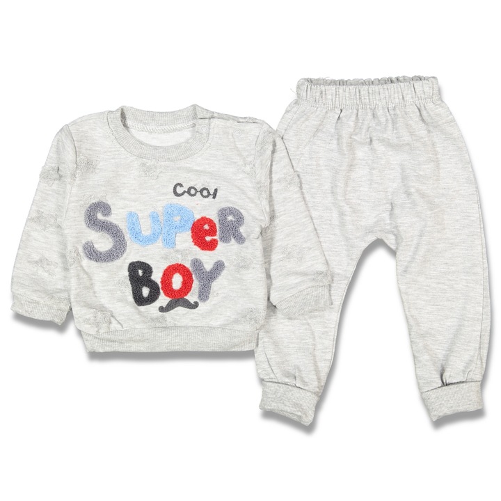 Set compleu copii Super Boy, Motat, Bumbac, Gri, 9-12 luni