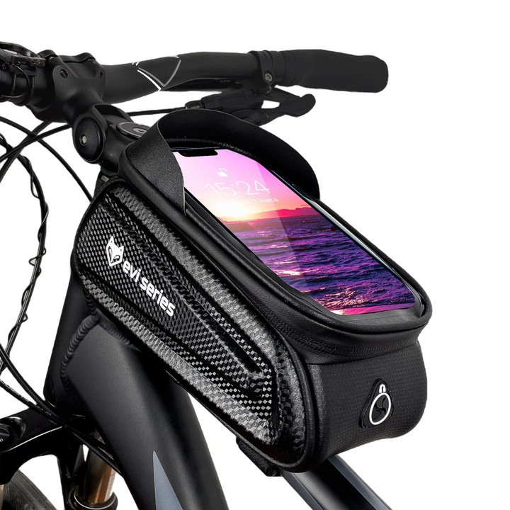 Borseta pentru bicicleta cu suport de telefon, 23.5 x 14 x 11.5 cm, 7,1inch, 2L, Impermeabil, Negru